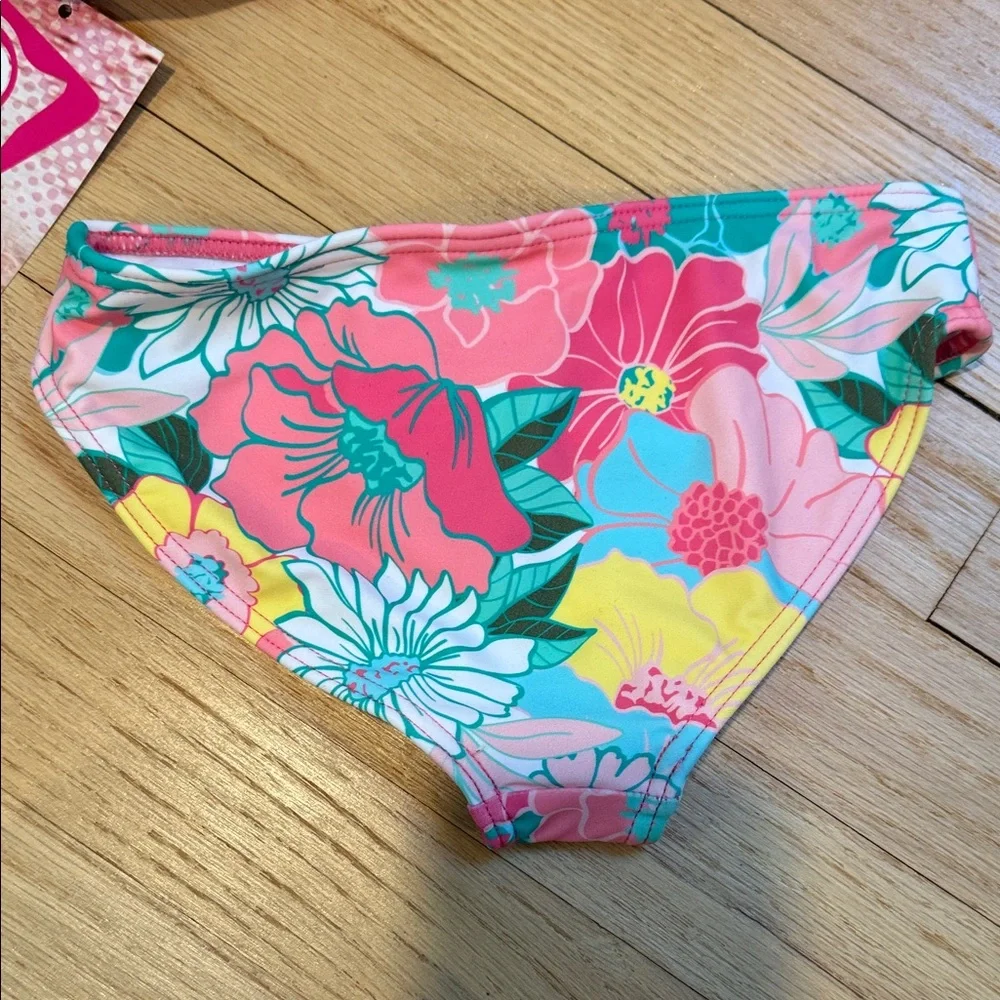 Kanu Surf Two Piece Kids Pink Floral Racerback Bikini with Pink, Teal & Yellow